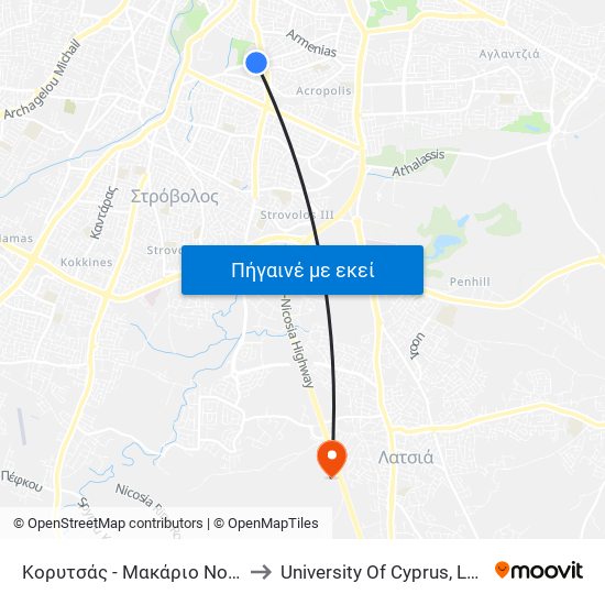 Κορυτσάς - Μακάριο Νοσοκομείο to University Of Cyprus, Latsia Annex map