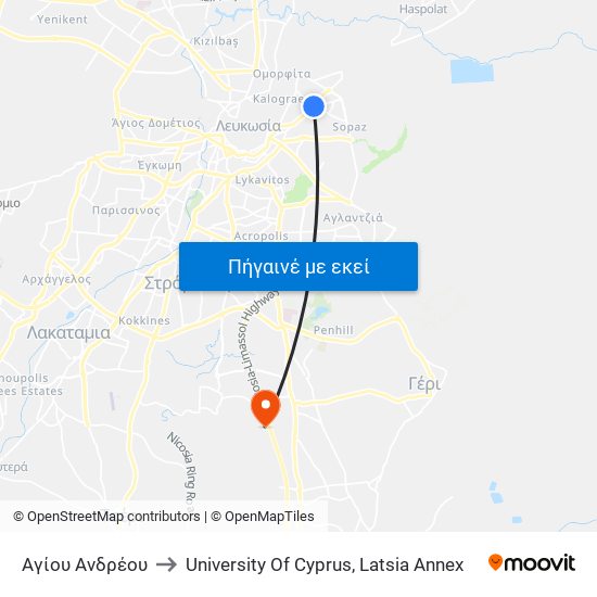Αγίου Ανδρέου to University Of Cyprus, Latsia Annex map
