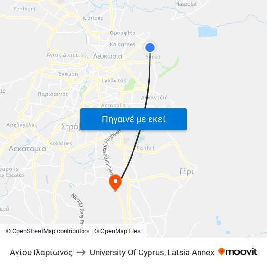 Αγίου Ιλαρίωνος to University Of Cyprus, Latsia Annex map