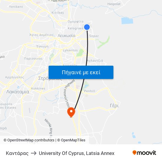 Καντάρας to University Of Cyprus, Latsia Annex map