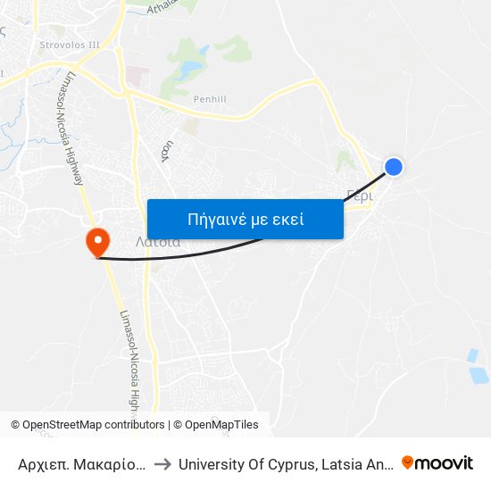 Αρχιεπ. Μακαρίου Γ to University Of Cyprus, Latsia Annex map