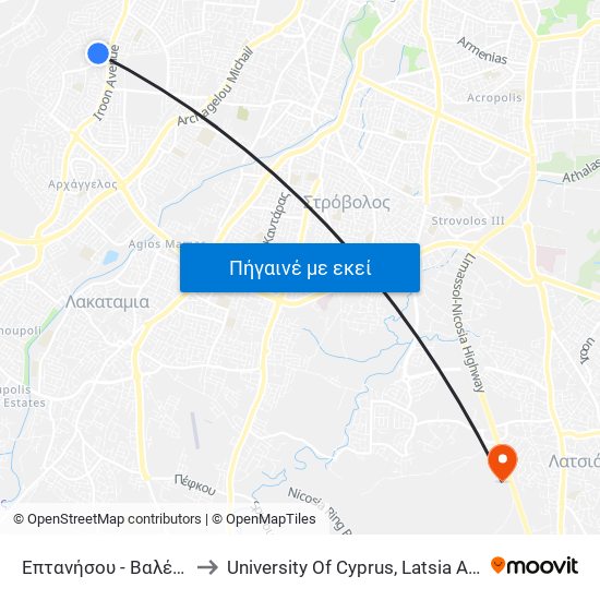 Επτανήσου to University Of Cyprus, Latsia Annex map