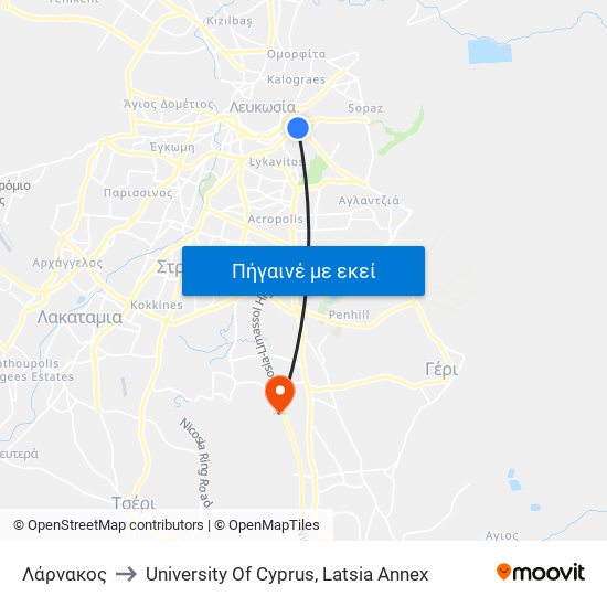 Λάρνακος to University Of Cyprus, Latsia Annex map