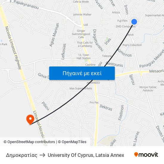 Δημοκρατίας to University Of Cyprus, Latsia Annex map