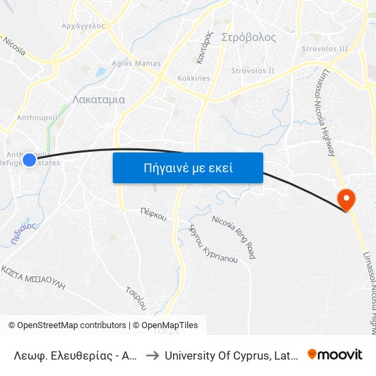 Λεωφ. Ελευθερίας - Αντιγόνης to University Of Cyprus, Latsia Annex map