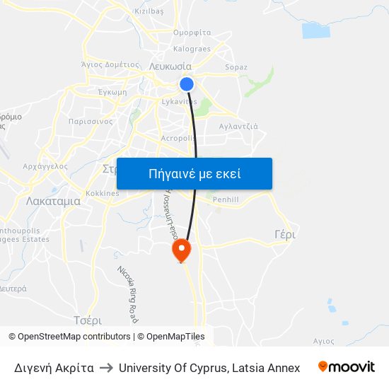 Διγενή Ακρίτα to University Of Cyprus, Latsia Annex map