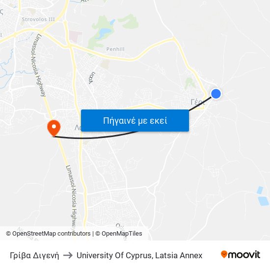 Γρίβα Διγενή to University Of Cyprus, Latsia Annex map