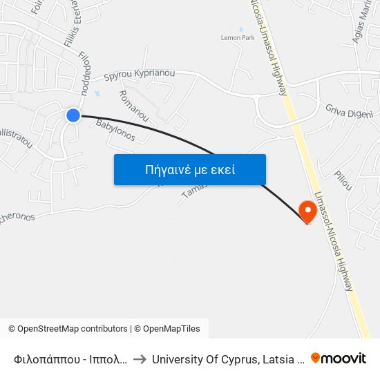 Φιλοπάππου - Ιππολύτου to University Of Cyprus, Latsia Annex map