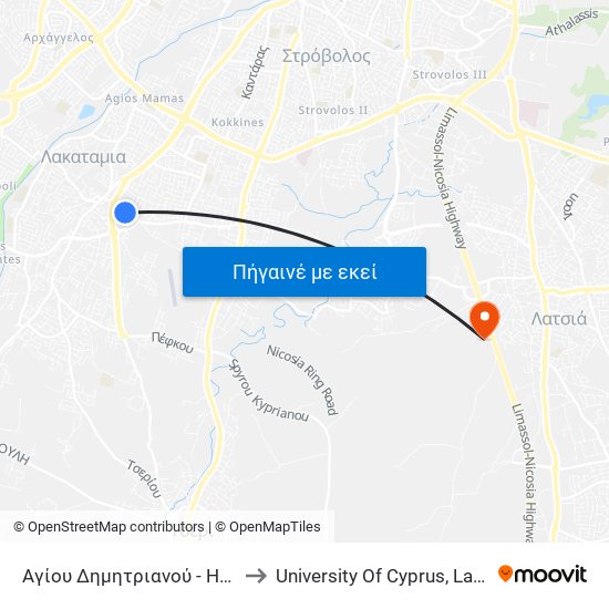 Αγίου Δημητριανού - Ηλιοδώρου to University Of Cyprus, Latsia Annex map