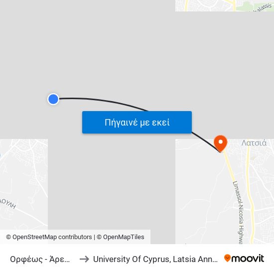 Ορφέως - Άρεως to University Of Cyprus, Latsia Annex map