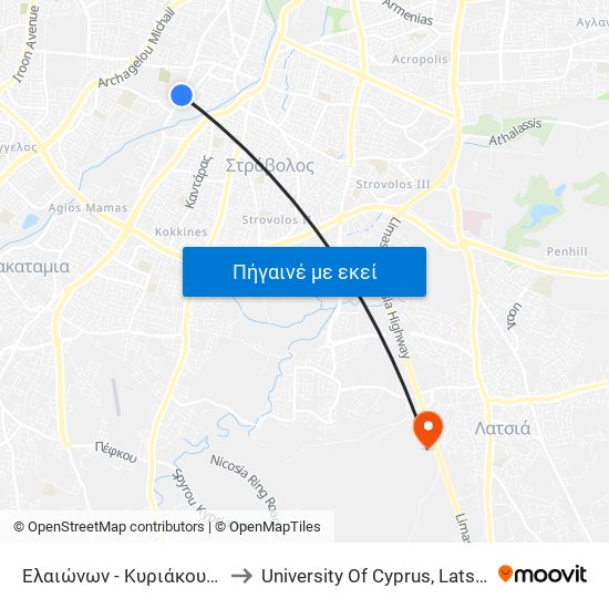 Ελαιώνων - Κυριάκου Μάτση to University Of Cyprus, Latsia Annex map