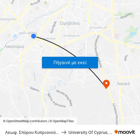 Λεωφ. Σπύρου Κυπριανού - Άγιος Μάμας to University Of Cyprus, Latsia Annex map