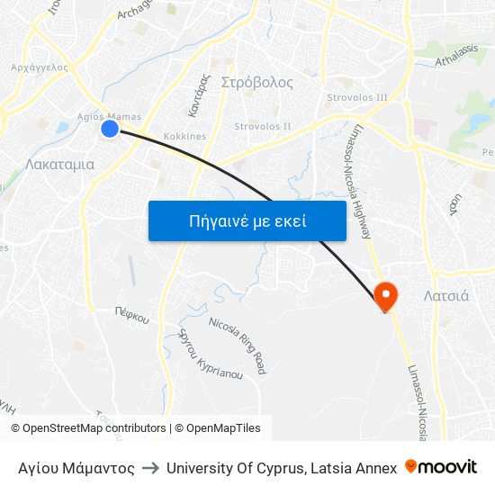 Αγίου Μάμαντος to University Of Cyprus, Latsia Annex map