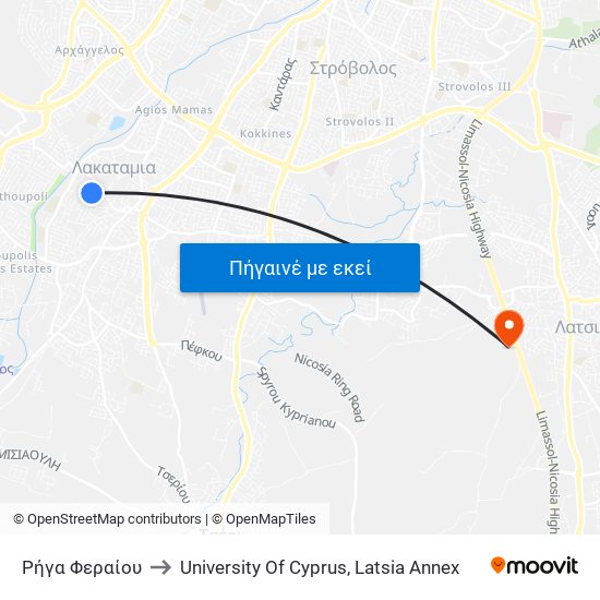 Ρήγα Φεραίου to University Of Cyprus, Latsia Annex map