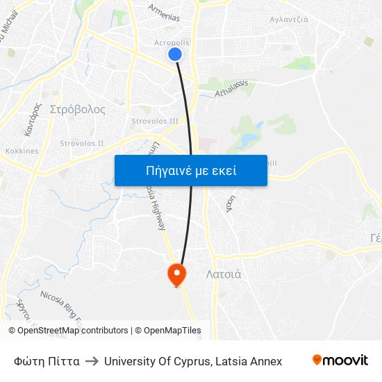 Φώτη Πίττα to University Of Cyprus, Latsia Annex map