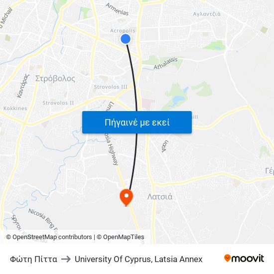 Φώτη Πίττα to University Of Cyprus, Latsia Annex map