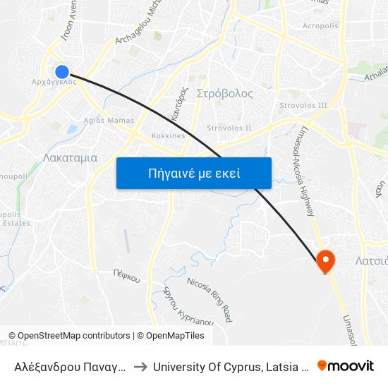 Αλέξανδρου Παναγούλη to University Of Cyprus, Latsia Annex map