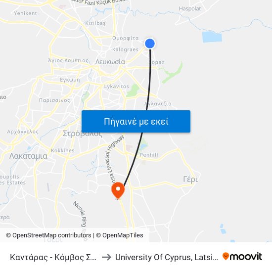 Καντάρας to University Of Cyprus, Latsia Annex map