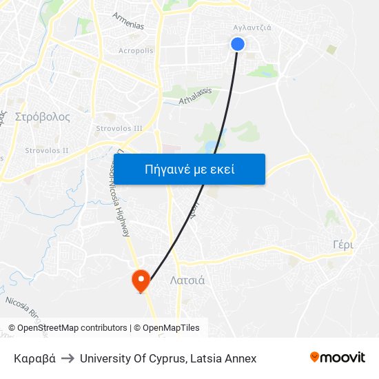 Καραβά to University Of Cyprus, Latsia Annex map