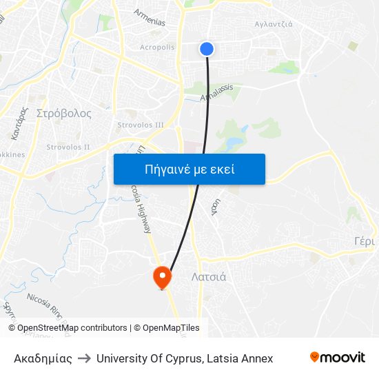 Ακαδημίας to University Of Cyprus, Latsia Annex map