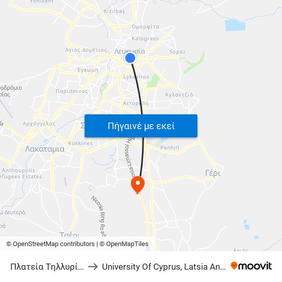 Πλατεία Tηλλυρίας to University Of Cyprus, Latsia Annex map