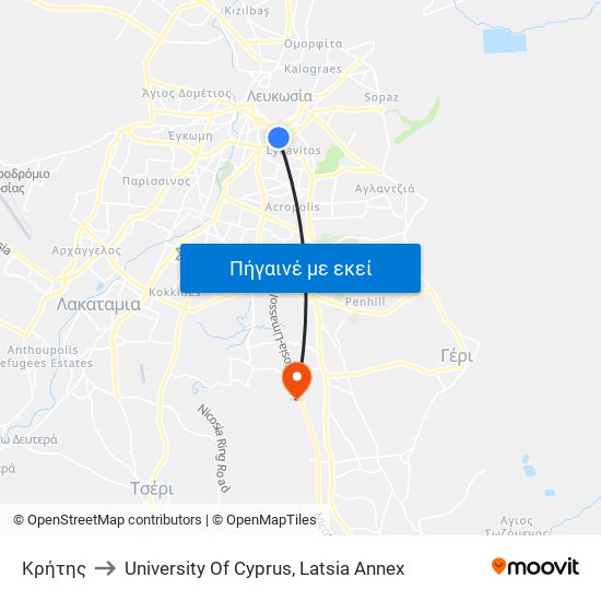 Κρήτης to University Of Cyprus, Latsia Annex map