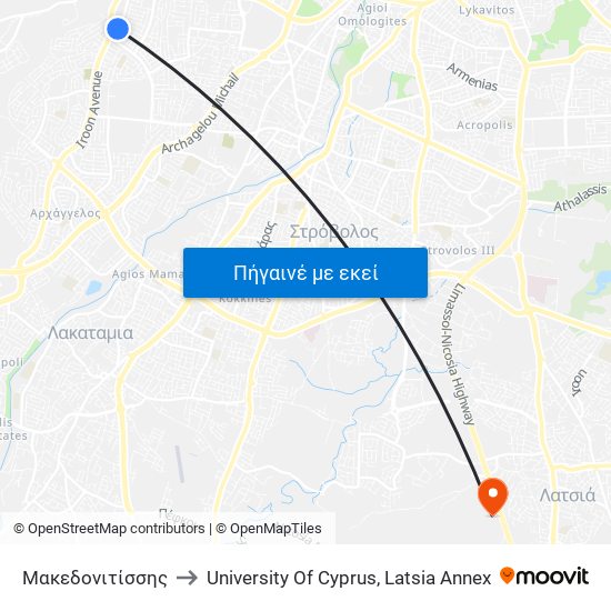 Μακεδονιτίσσης to University Of Cyprus, Latsia Annex map