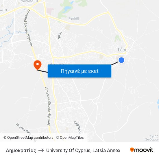 Δημοκρατίας to University Of Cyprus, Latsia Annex map