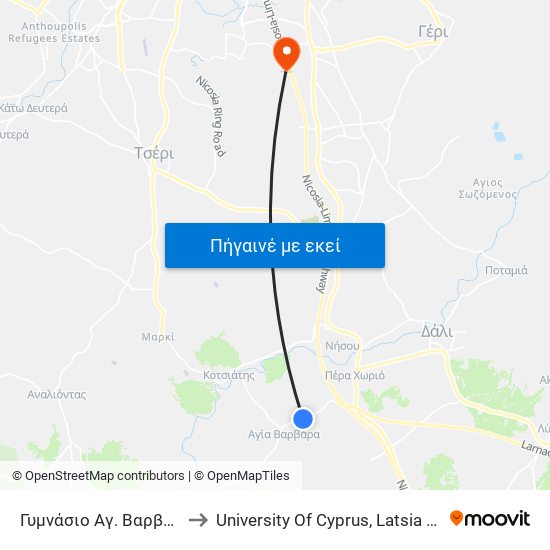 Γυμνάσιο Αγ. Βαρβάρας to University Of Cyprus, Latsia Annex map