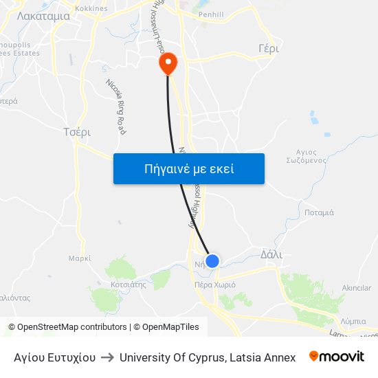 Αγίου Ευτυχίου to University Of Cyprus, Latsia Annex map