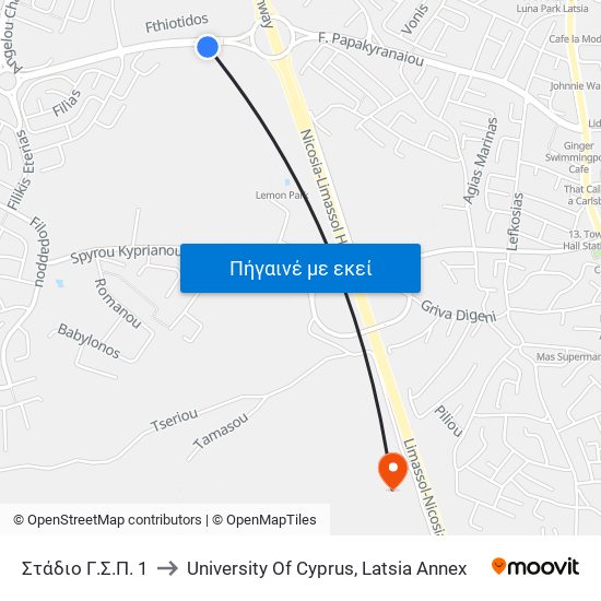 Στάδιο Γσπ 1 to University Of Cyprus, Latsia Annex map