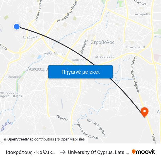 Ισοκράτους - Καλλικράτους to University Of Cyprus, Latsia Annex map