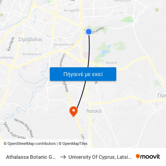 Athalassa Botanic Gardens to University Of Cyprus, Latsia Annex map