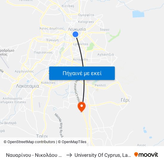 Ναυαρίνου - Νικολάου Σαριπόλου to University Of Cyprus, Latsia Annex map