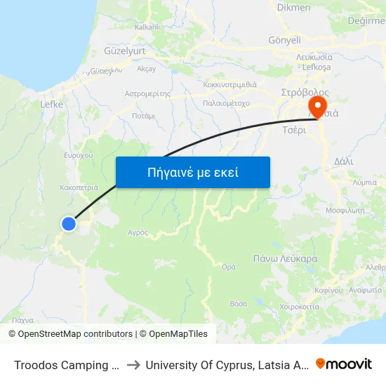 Troodos Camping Site to University Of Cyprus, Latsia Annex map