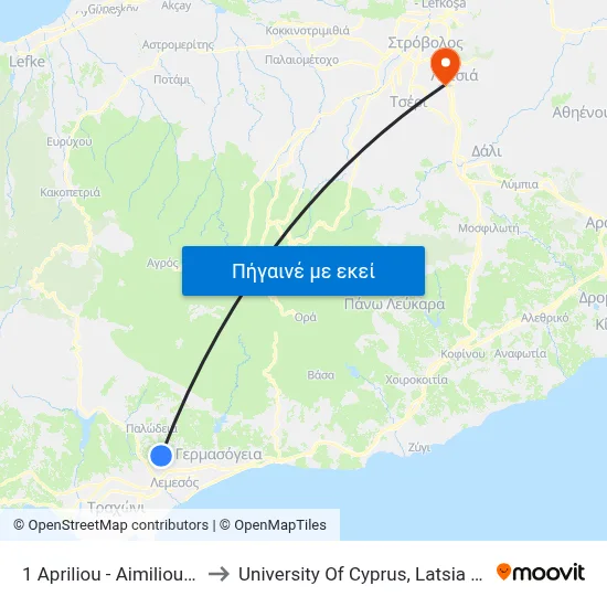 1 Apriliou - Aimiliou Zola to University Of Cyprus, Latsia Annex map