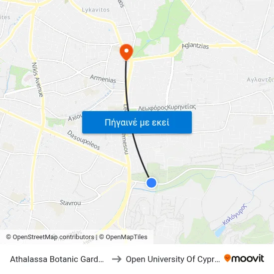 Athalassa Botanic Gardens to Open University Of Cyprus map