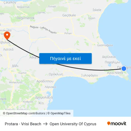 Protara - Vrisi Beach to Open University Of Cyprus map