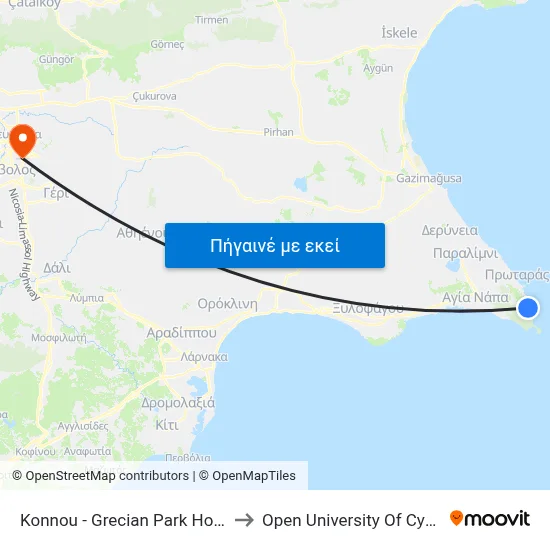 Konnou - Grecian Park Hotel to Open University Of Cyprus map