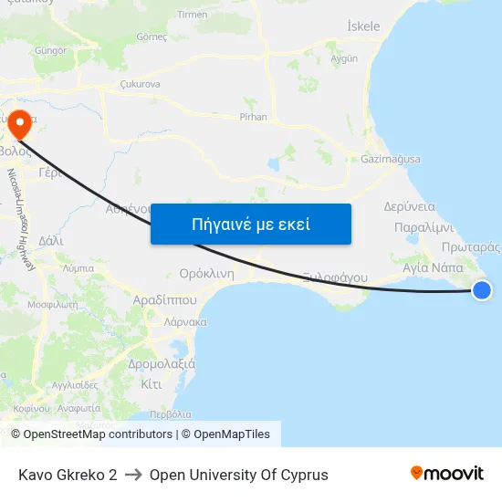 Kavo Gkreko to Open University Of Cyprus map