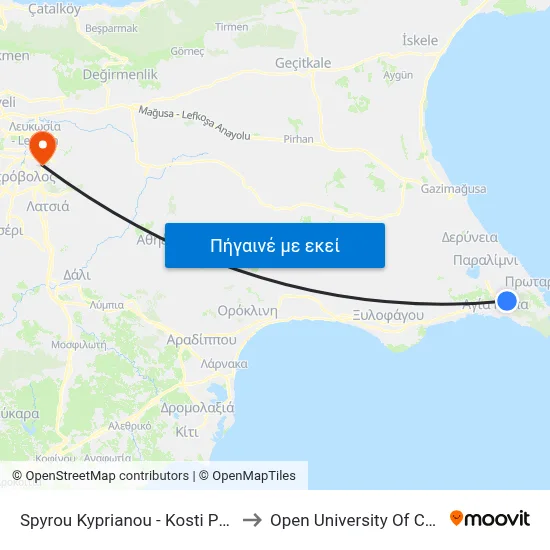 Spyrou Kyprianou - Kosti Palama to Open University Of Cyprus map