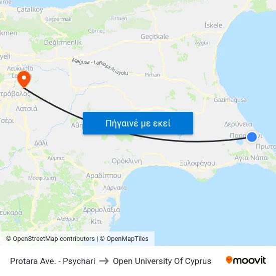 Protara Ave. - Psychari to Open University Of Cyprus map