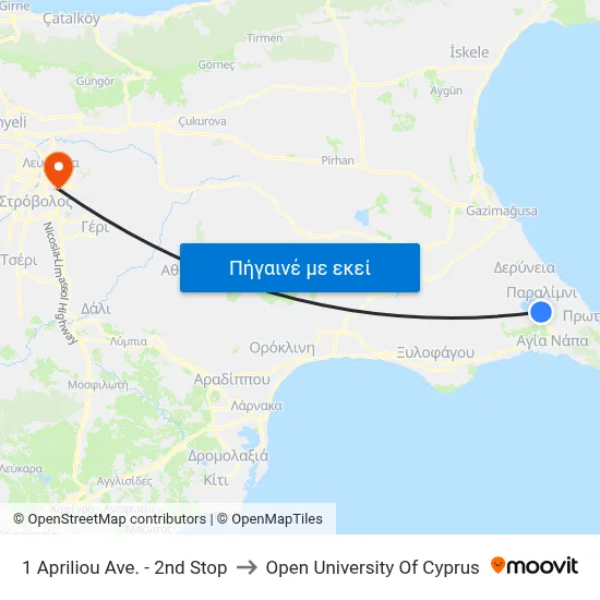 1 Apriliou Ave. - 2nd Stop to Open University Of Cyprus map