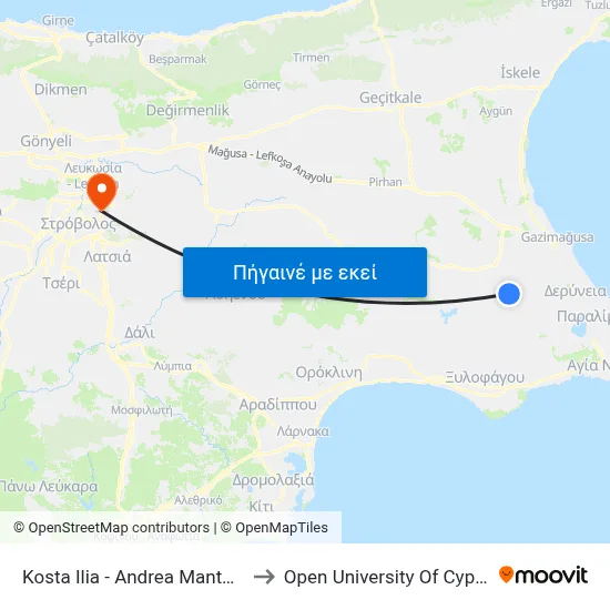 Kosta Ilia - Andrea Mantoles to Open University Of Cyprus map