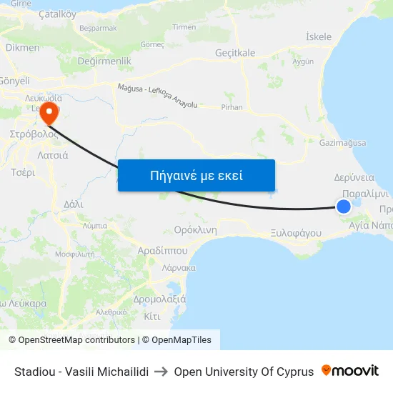 Stadiou - Vasili Michailidi to Open University Of Cyprus map