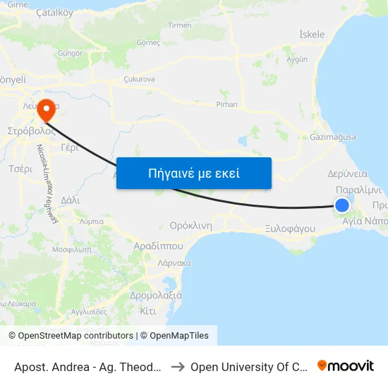 Apost. Andrea - Ag. Theodorou to Open University Of Cyprus map