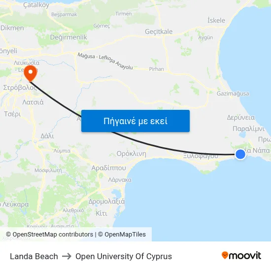 Landa Beach to Open University Of Cyprus map