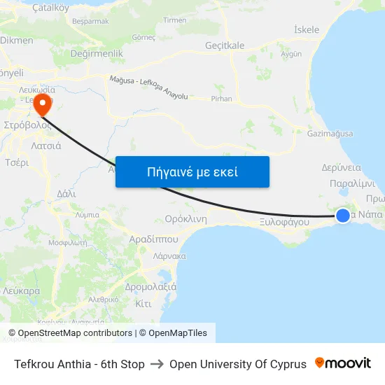 Tefkrou Anthia - 6th Stop to Open University Of Cyprus map