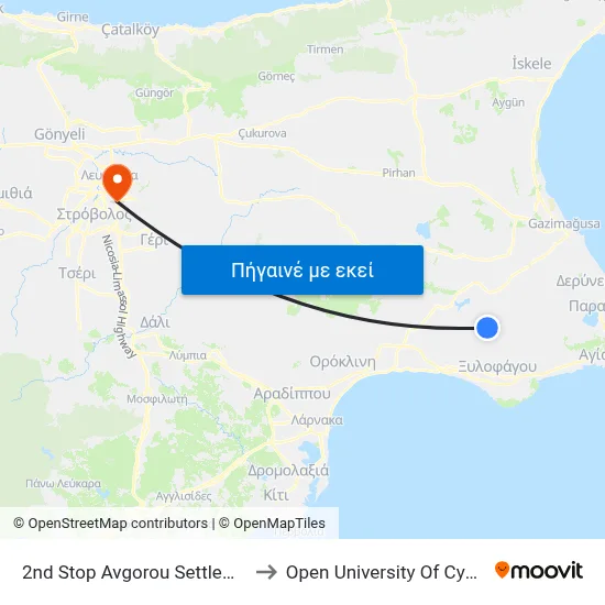2nd Stop Avgorou Settlement to Open University Of Cyprus map