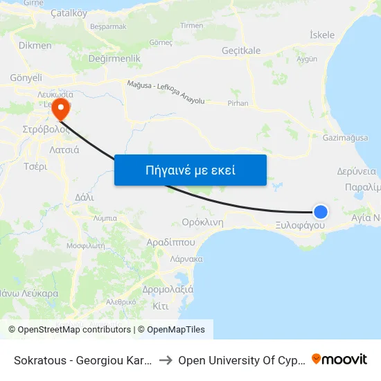 Sokratous - Georgiou Karyou to Open University Of Cyprus map